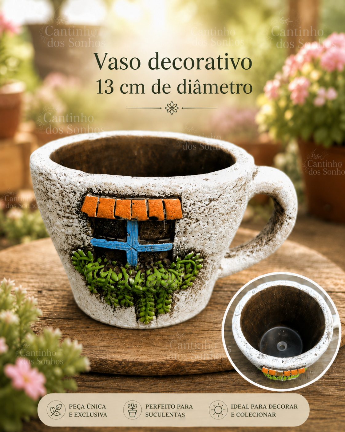 vaso casinha caneca Vaso Decorativo em Pedra com Pega e Furo de Drenagem – 13 cm - Image 1